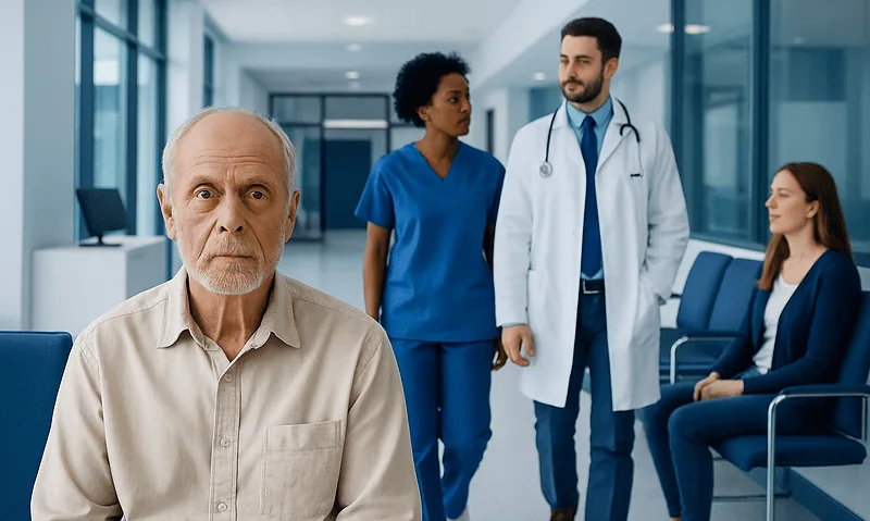Senior man in hospital waiting area with medical staff in background.
