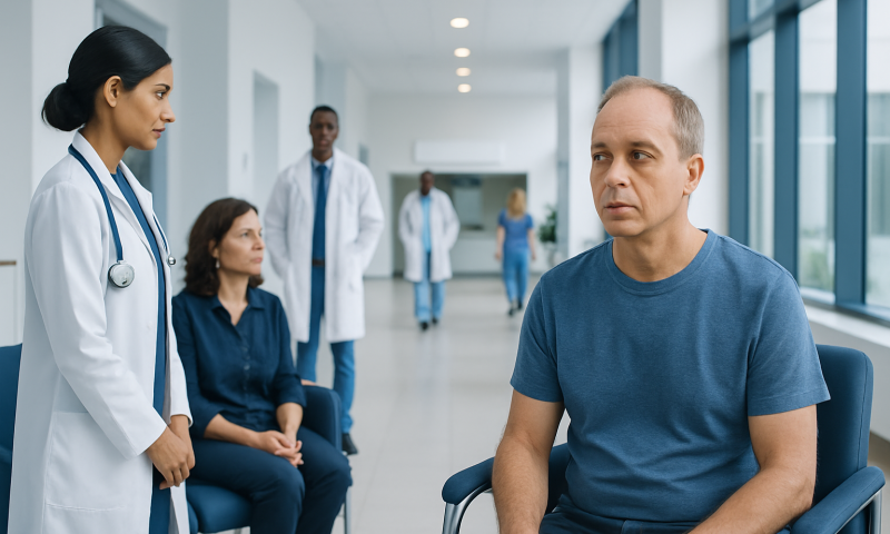 Patient consulting with doctor in hospital corridor for eye health.