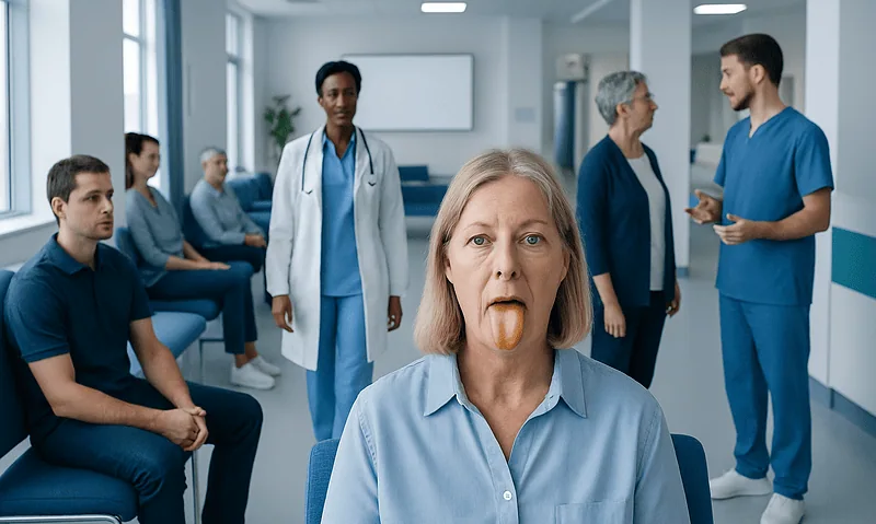 Patient with yellow tongue in hospital waiting area for medical evaluation.