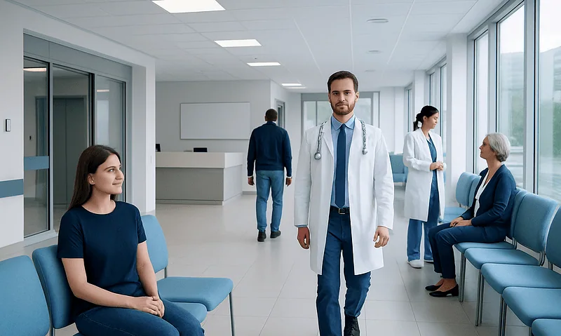 Healthcare professionals and patients in a modern hospital corridor.