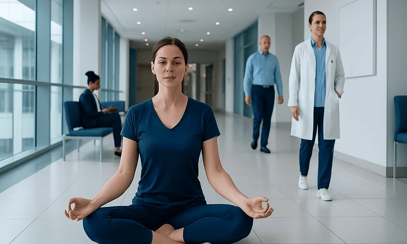 Young woman practicing yoga meditation in hospital corridor for stress relief.