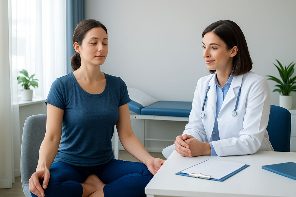 Doctor consulting with a woman patient in a medical office setting.