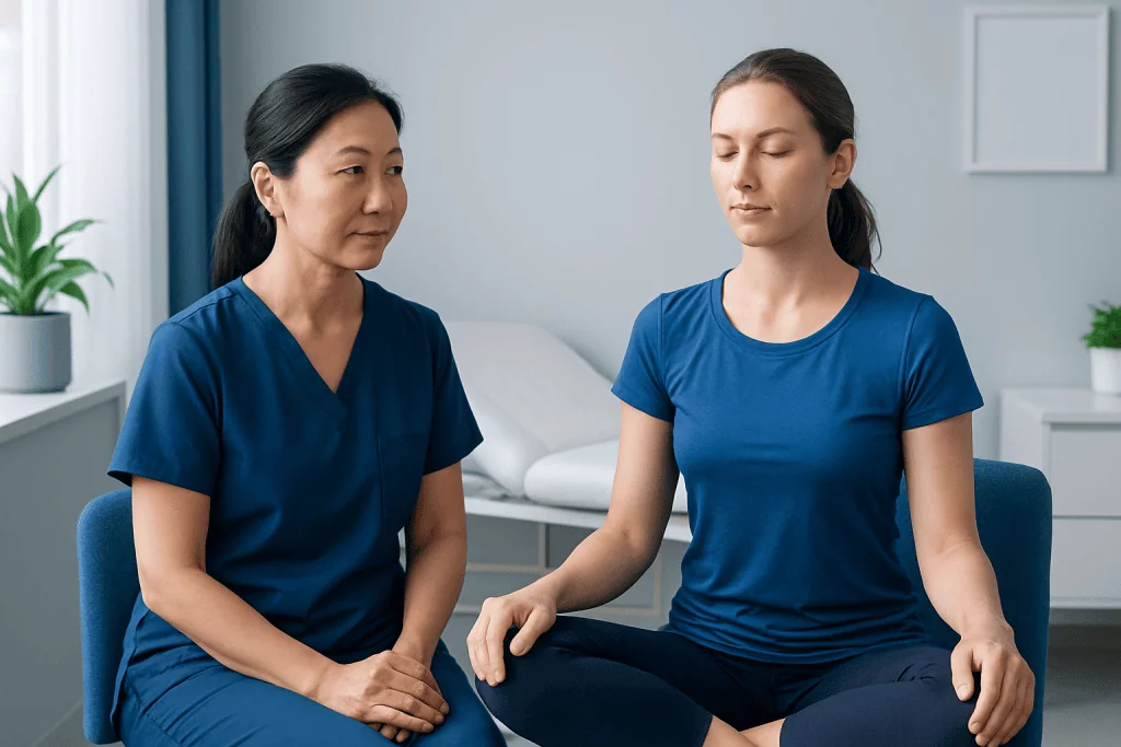 Yoga instructor guiding a woman in meditation practice at a clinic.