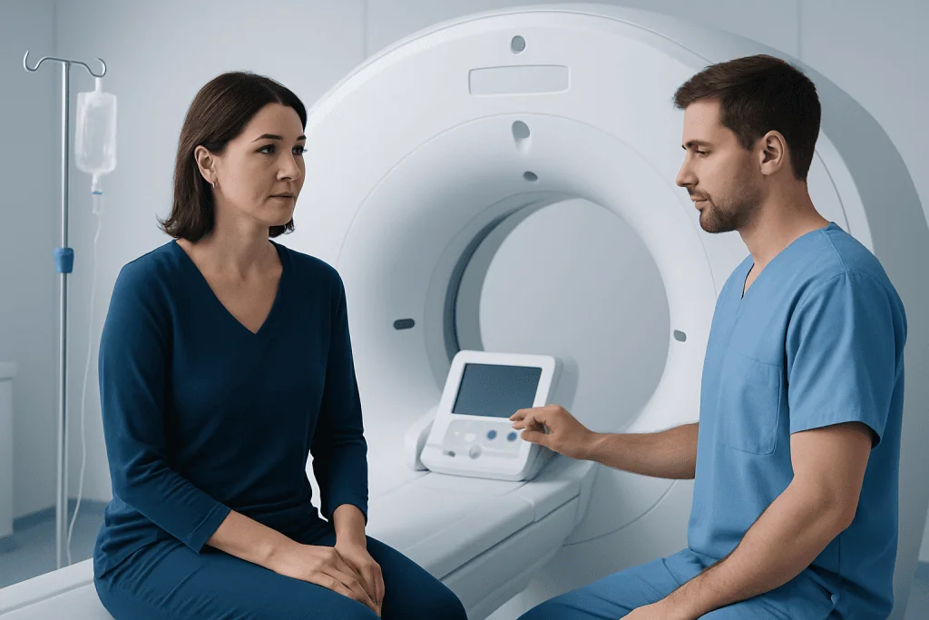 Medical consultation before a CT scan at Acibadem Hospital.