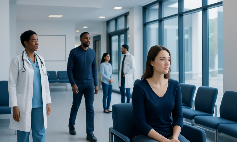 Patients waiting in a modern hospital corridor with medical staff present.
