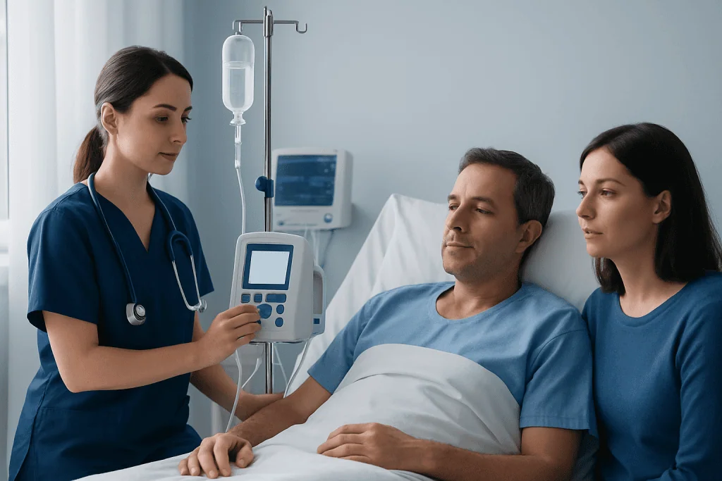 Hospital nurse monitoring patient with IV drip in a hospital room.