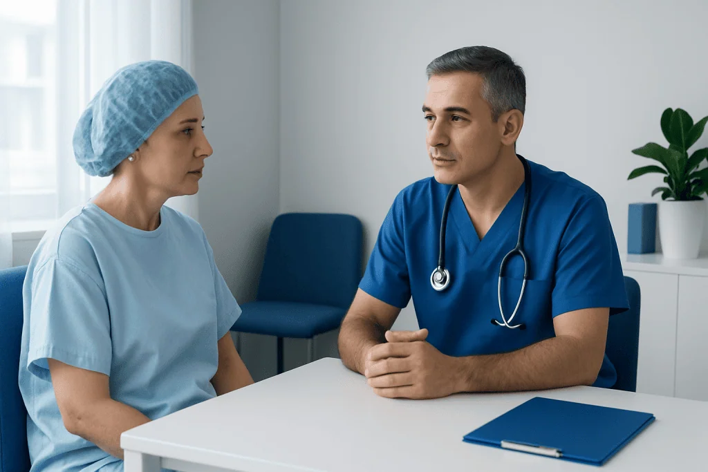 Doctor consulting with a patient in a hospital room.