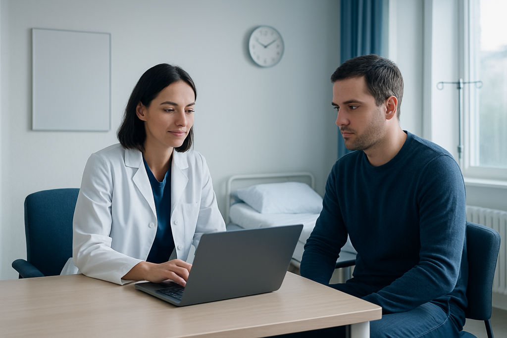 Doctor and patient discussing health information on a laptop in a hospital room.