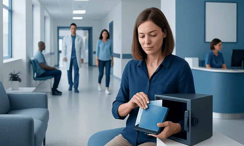 Woman using a secure safe for valuables at a hospital.