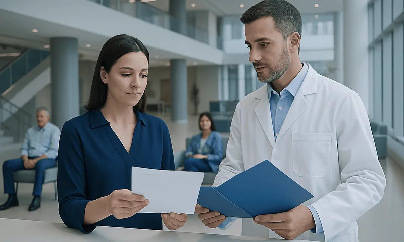 Medical professional reviewing discharge papers with a patient in hospital lobby.