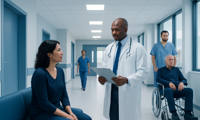 Doctor discussing discharge summary with patient in hospital corridor.