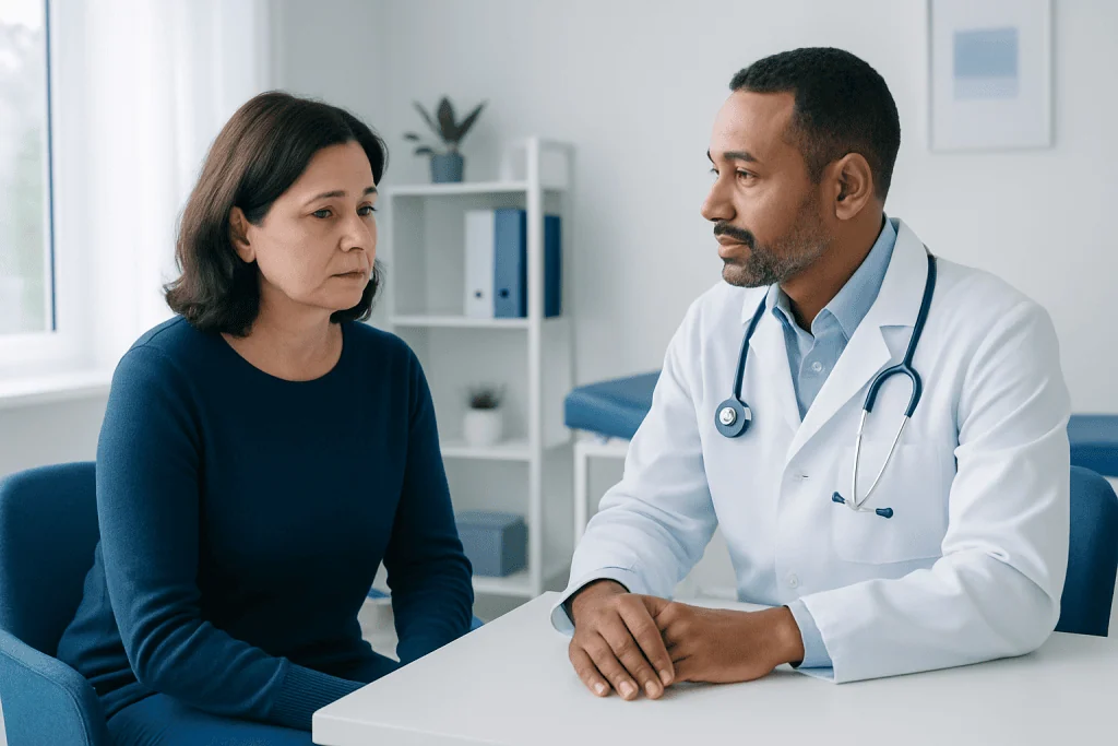Doctor consulting with a female patient in a medical office setting.