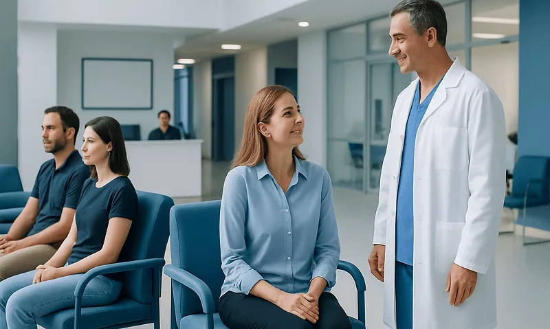 Doctor talking to a patient in a hospital waiting area.