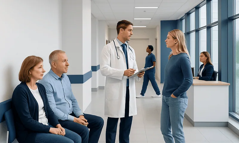Doctor consulting with patient in hospital corridor with waiting area.