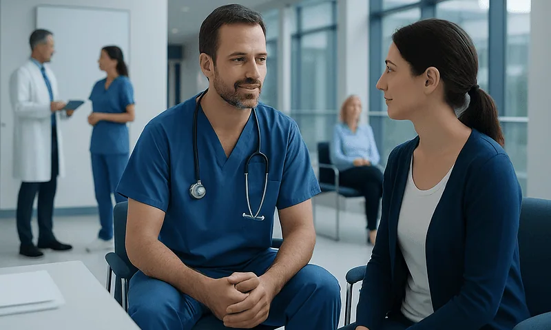 Doctor consulting with a patient in a hospital corridor.