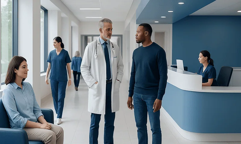 Doctor consulting with patient in hospital corridor at Acibadem Hospitals Group.
