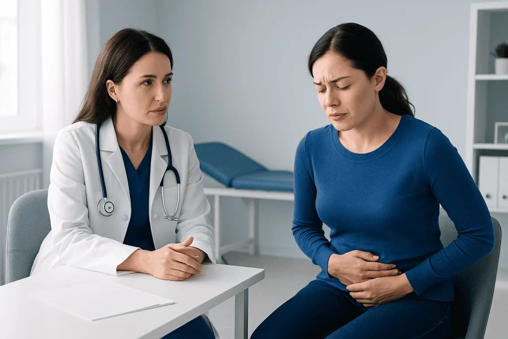 Doctor consulting a patient with stomach pain in a medical office.