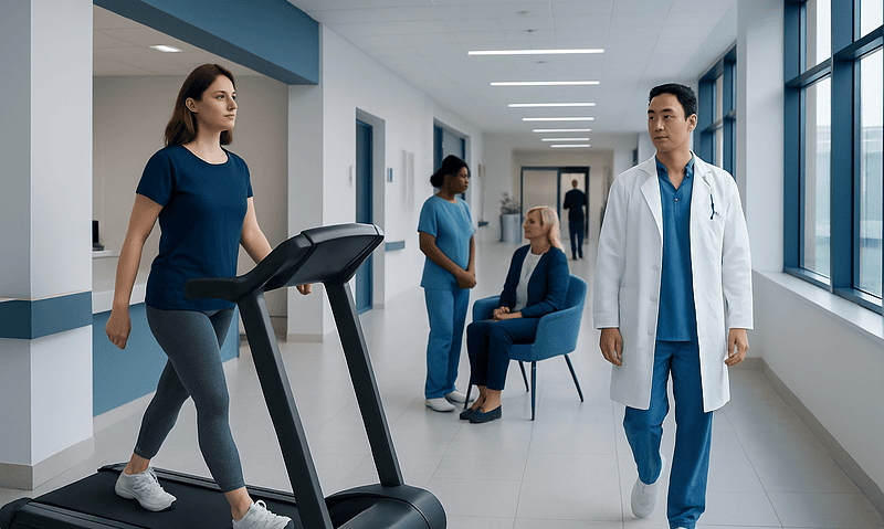 Patient walking on treadmill in hospital corridor with medical staff nearby.