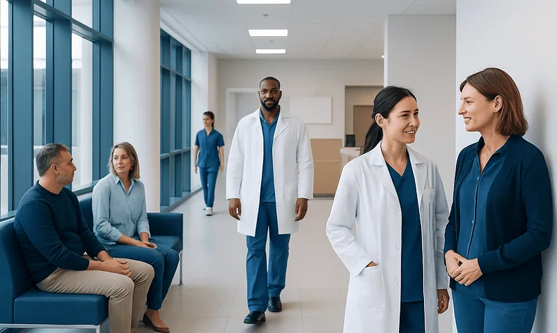 Medical professionals and patients in a hospital corridor at Acibadem Hospitals Group.