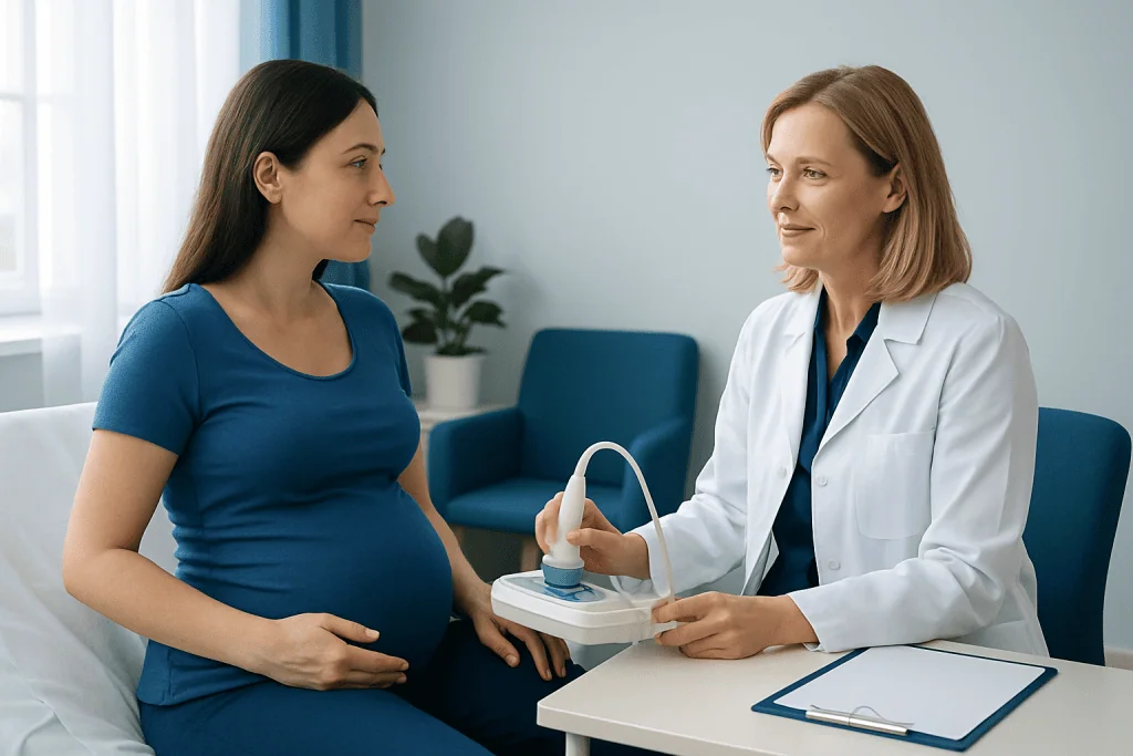 Pregnant woman having an ultrasound exam at a medical clinic.