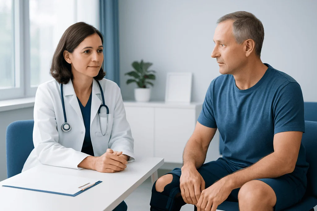 Doctor consulting with a male patient in a medical office.