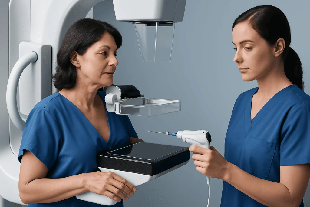 Medical professionals perform a breast biopsy using advanced imaging technology.