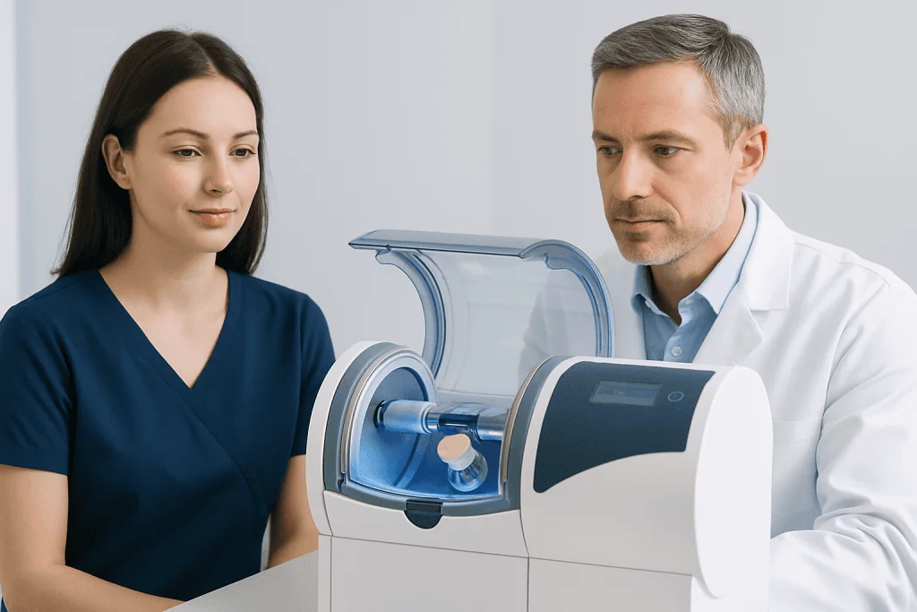 Dentist and patient using dental milling machine at Acibadem Hospital.