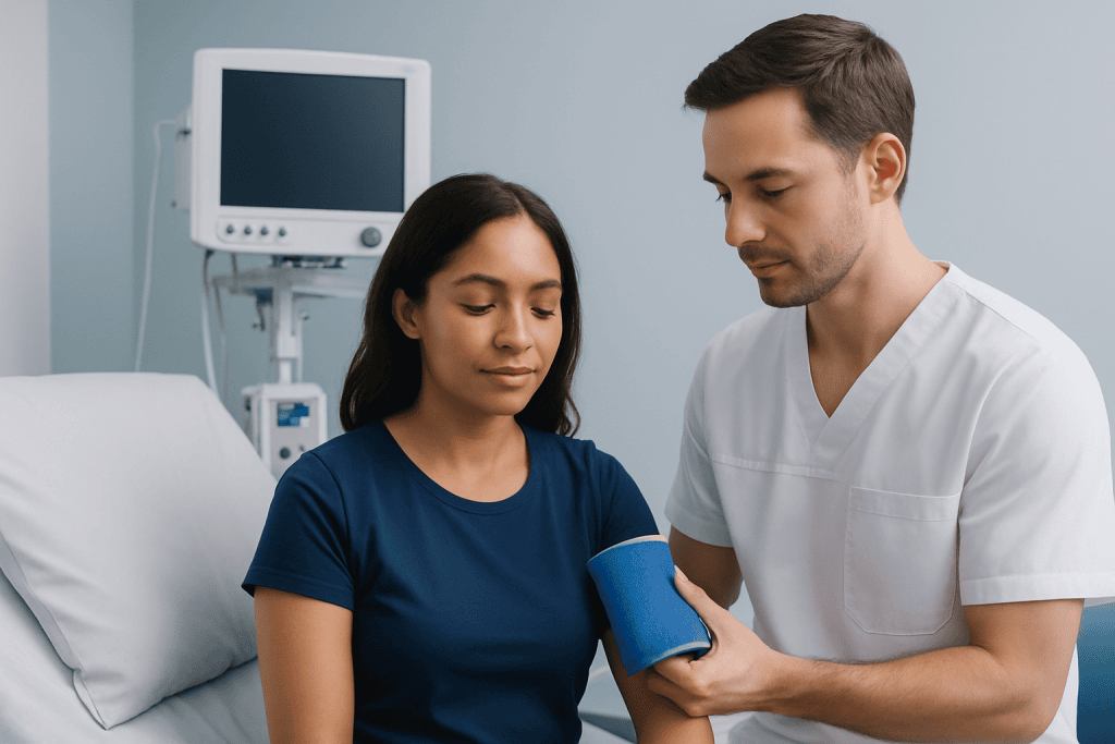 Healthcare professional applying a cold compress to a patient's arm in hospital.