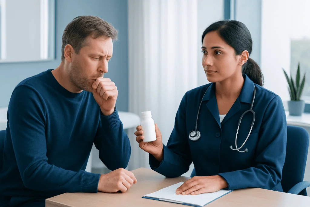 Doctor advising patient on cough medication in a clinical setting.