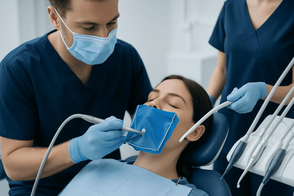 Dentist performing dental procedure on patient in clinic setting.