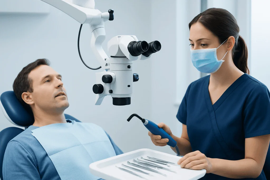 Dentist and patient during dental examination with microscope at Acibadem Hospital.