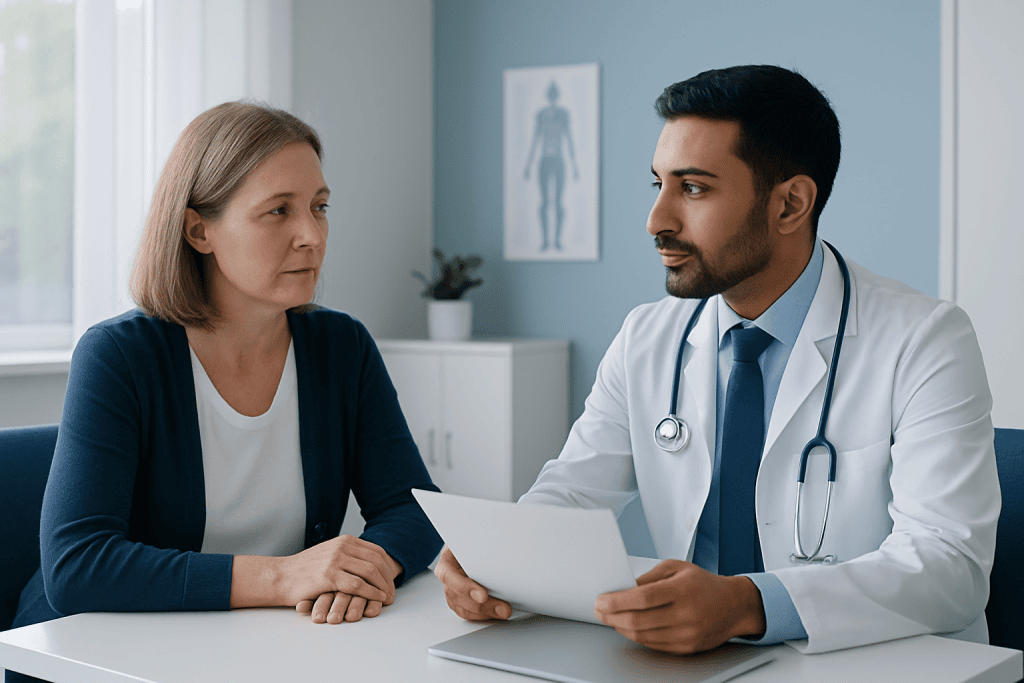 Doctor consulting with a female patient in a modern clinic setting.