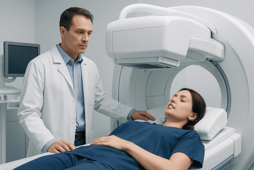 Medical professional prepares patient for Hida scan in hospital setting.