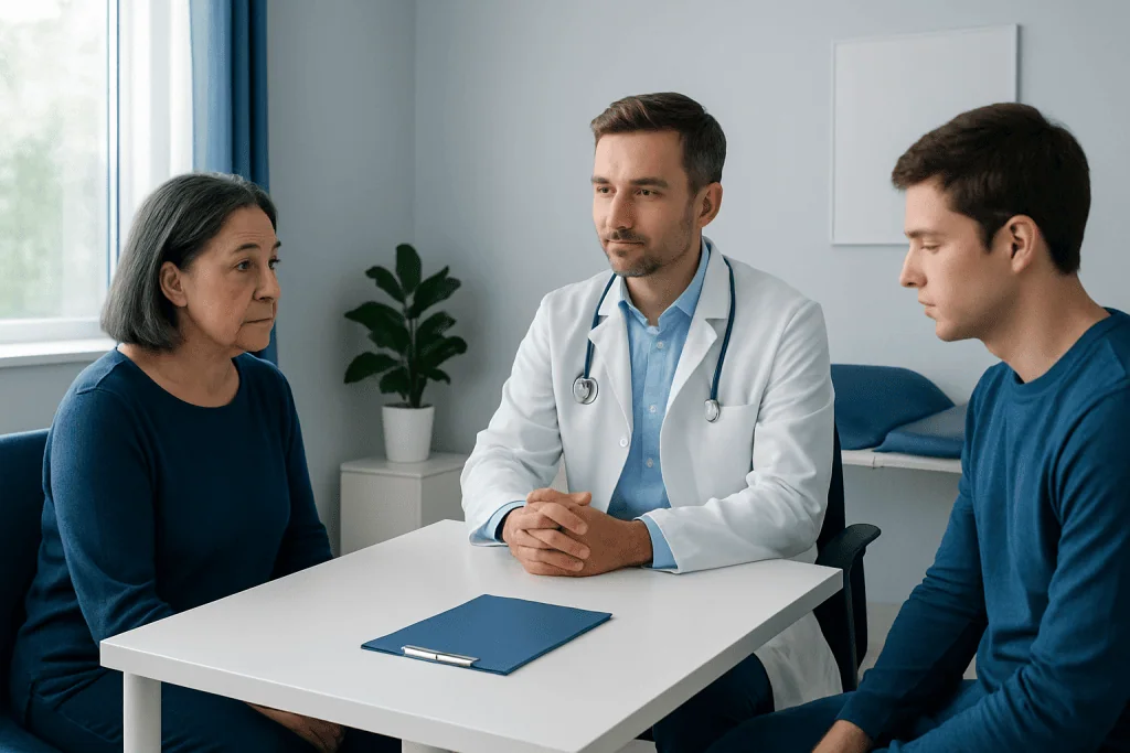 Doctor consulting with a patient and her son in a modern clinic room.