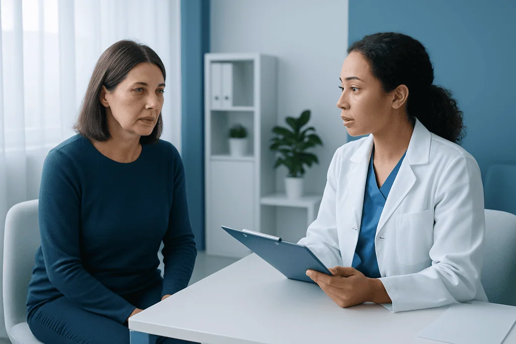 Doctor consulting with a patient about blood test results in a medical office.