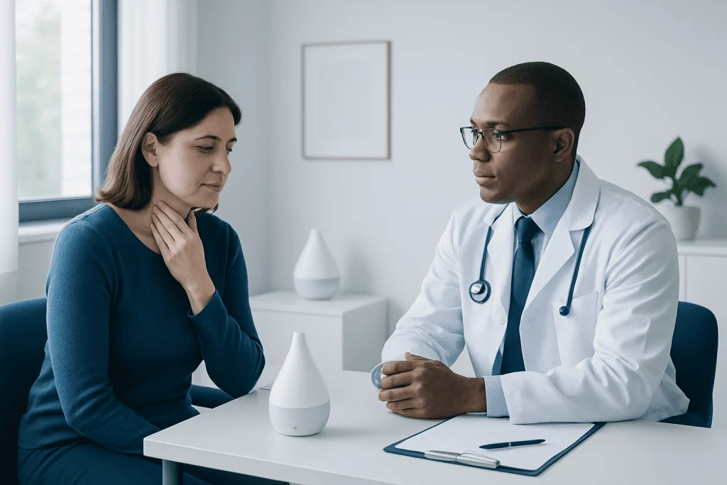 Doctor consulting a patient about voice loss treatment options.