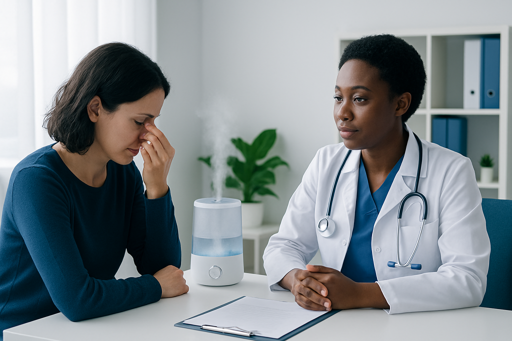 Patient consulting doctor about nasal congestion and humidifier use.