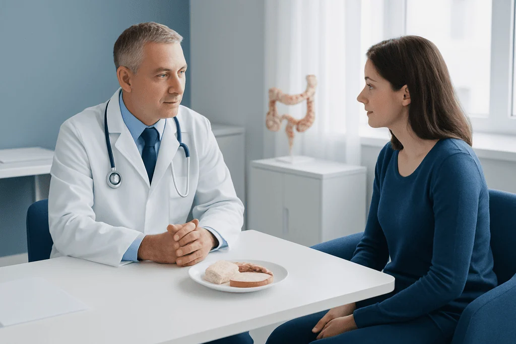 Doctor consulting patient about low fiber diet in a clinical setting.