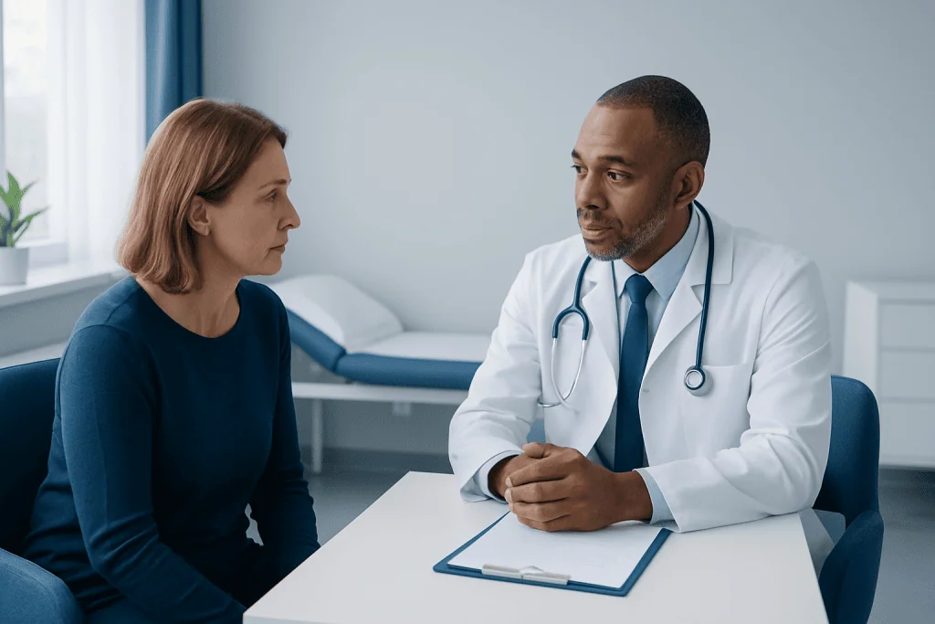 Doctor consulting with a female patient in a medical office.