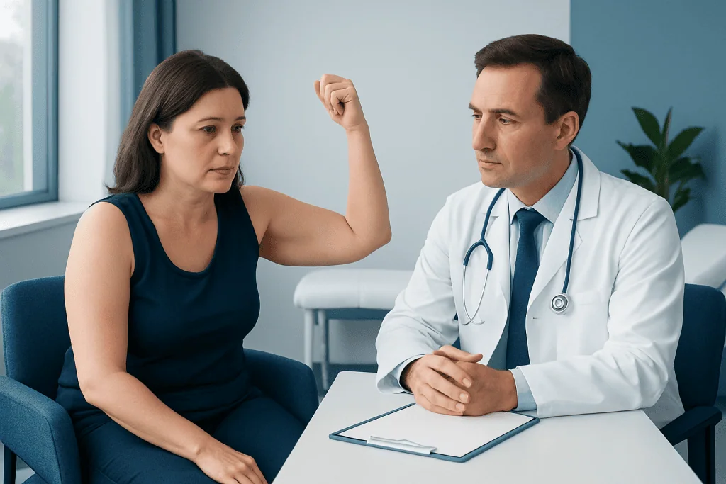 Patient discussing arm lift procedure with doctor in consultation room.
