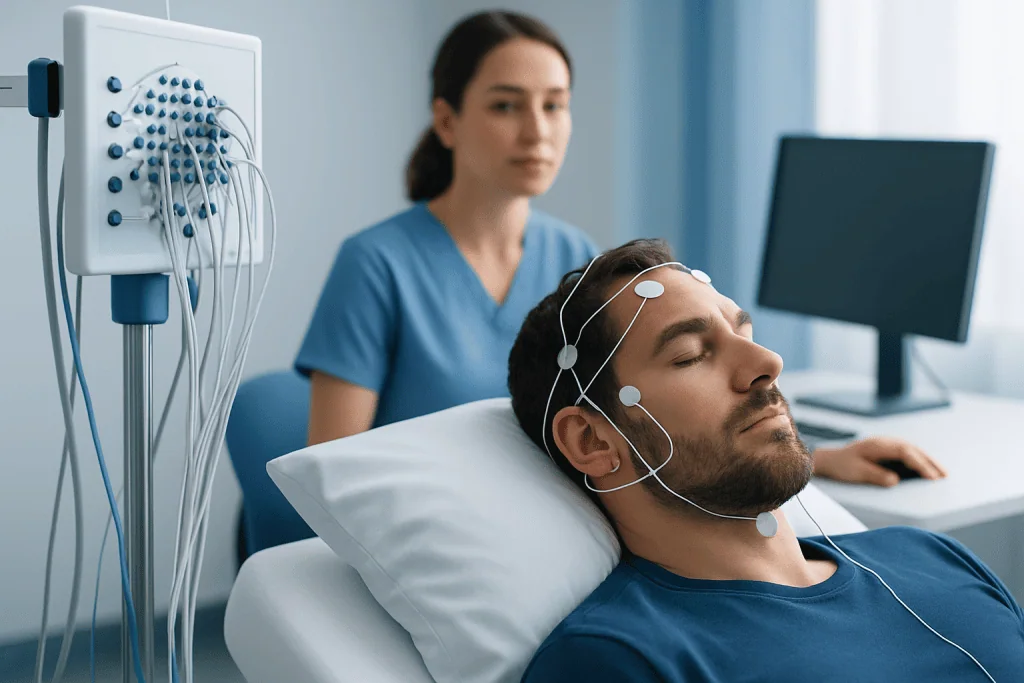 Patient undergoing a sleep study with EEG monitoring at Acibadem Hospitals.