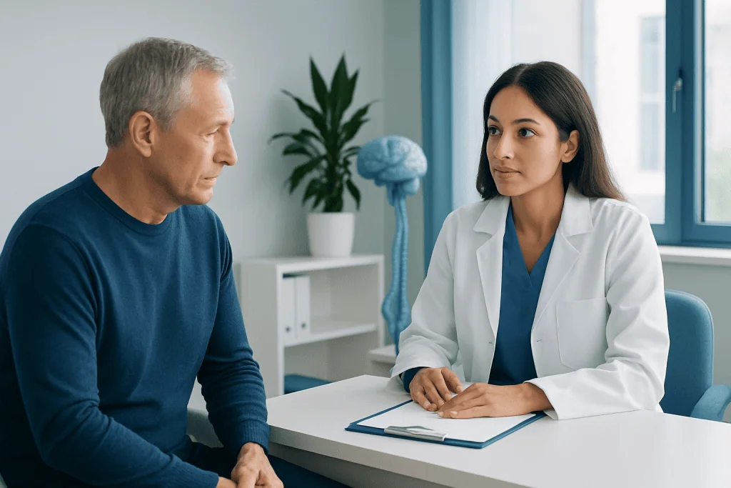 Doctor consulting with a patient in a medical office setting.