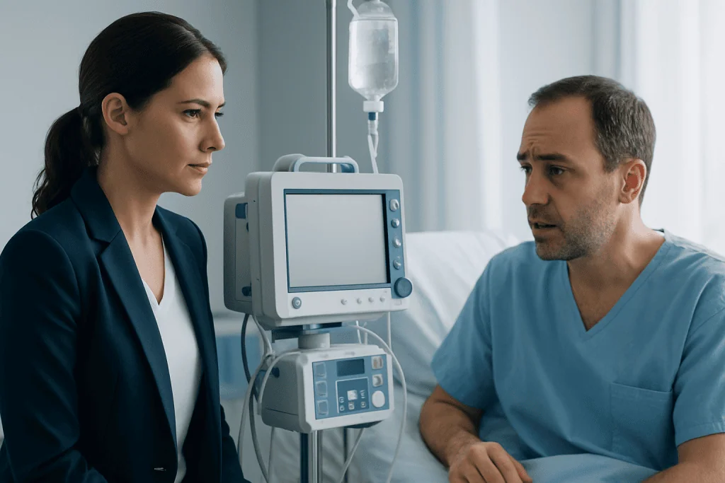 Doctor consulting with patient in hospital room with medical equipment.