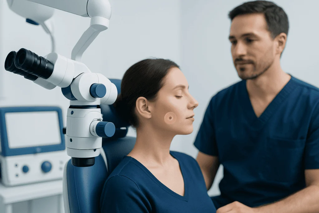 ENT specialist examines patient's ear with advanced medical equipment.