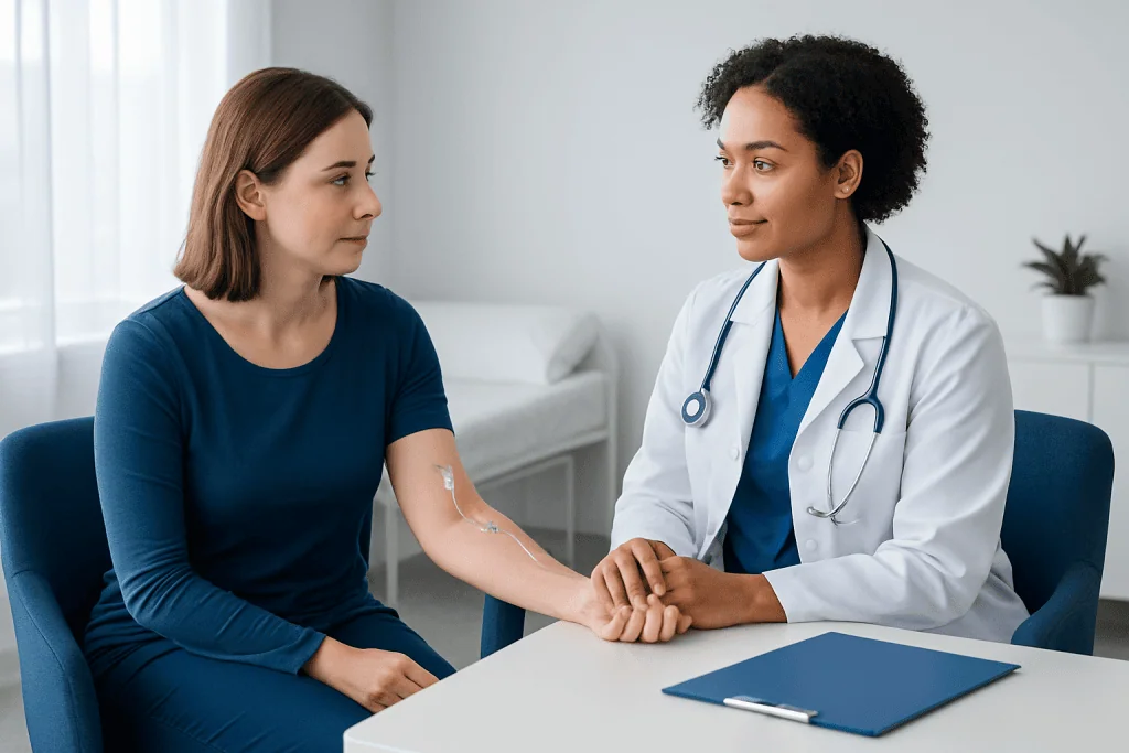 Doctor consulting with patient during medical appointment at clinic.
