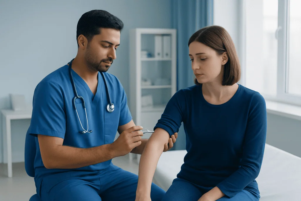 Doctor administering a vaccine to a patient in a clinical setting.