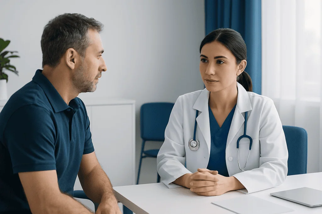 Doctor consulting with patient in a medical office at Acibadem Hospitals.