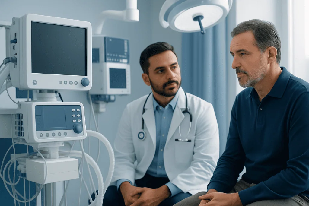 Doctor consulting with patient in hospital room with medical equipment.