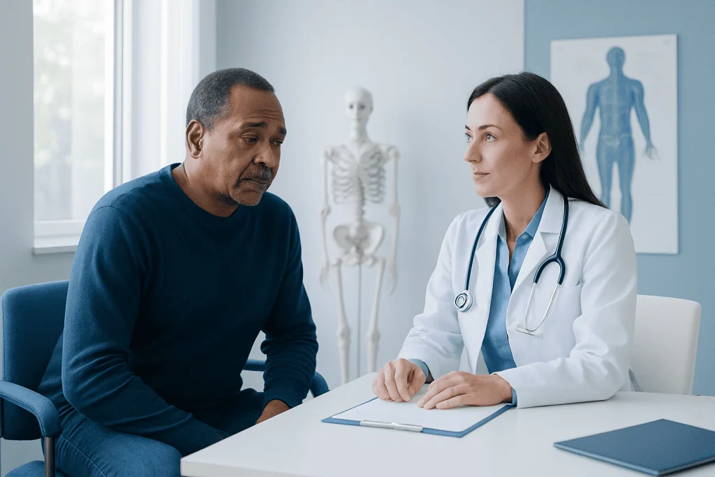 Doctor consulting with a patient about neuromuscular symptoms in a medical office.