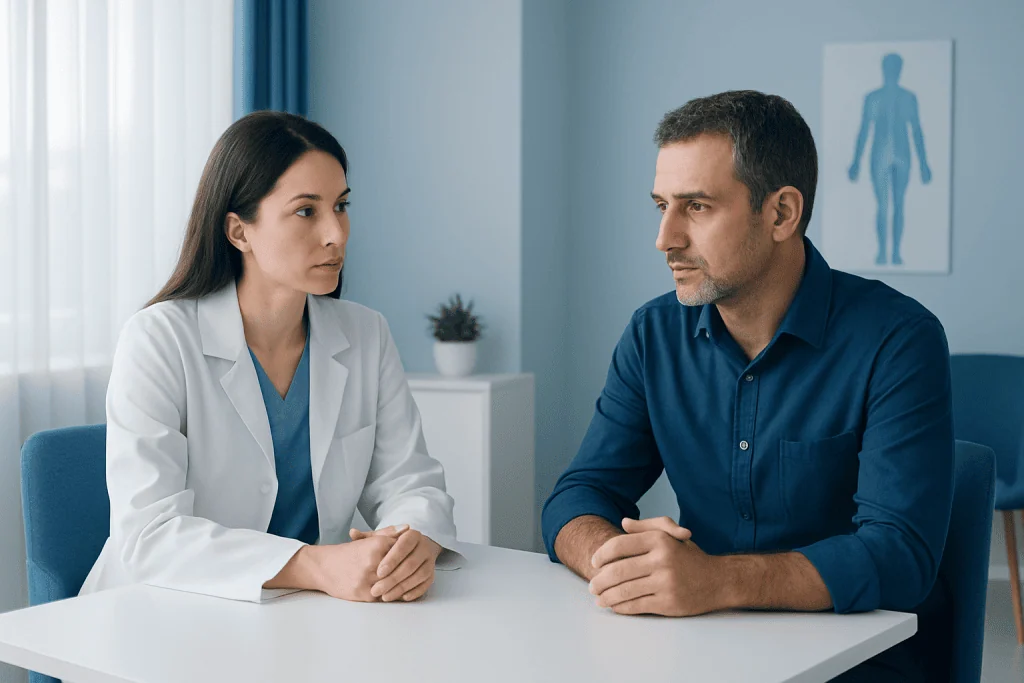 Doctor and patient having a consultation at a medical clinic.